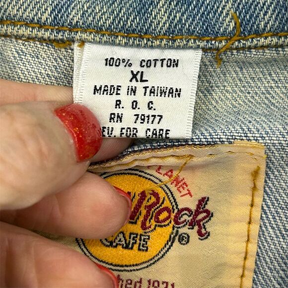 Vintage Hard Rock Cafe Orlando Unisex XL Blue Denim Bomber Jacket Music Flawed - Picture 7 of 16